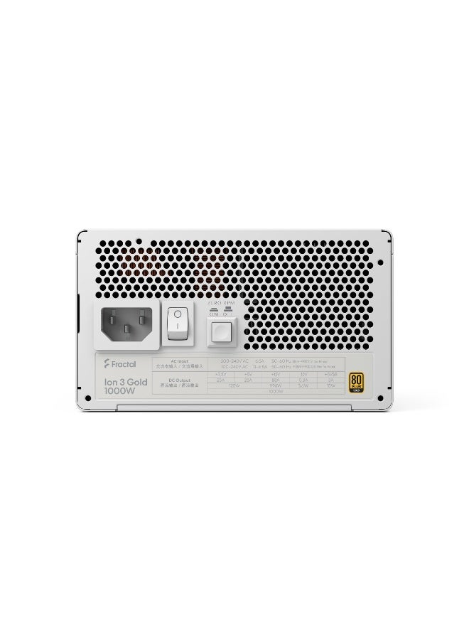 فراكتال ديزاين مزود طاقة Ion 3 Gold بقوة 1000 واط، معياري بالكامل ATX12V 3.1، حاصل على شهادة 80 PLUS Gold، جاهز لبطاقات الرسومات PCIe Gen 5، مروحة بدون دوران، Momentum 140mm، مكثفات يابانية تتحمل درجة حرارة 105 درجة مئوية، خط 12 فولت واحد، متوافق مع وضع السكون C6/C7، أبيض | FD-P-IA3G-101 - Image 4